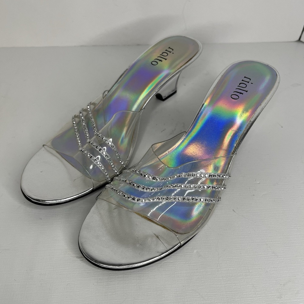 Rialto Acrylic Rhinestone Iridescent Kitten Heels Slides Sandals 10 M Y2K Retro